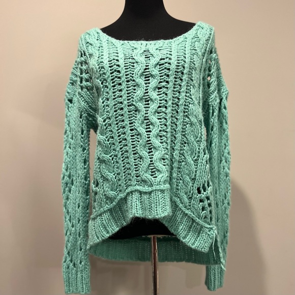 Free People Open Knit Mint Green Long Sleeve Sweater Size Medium - Picture 3 of 12